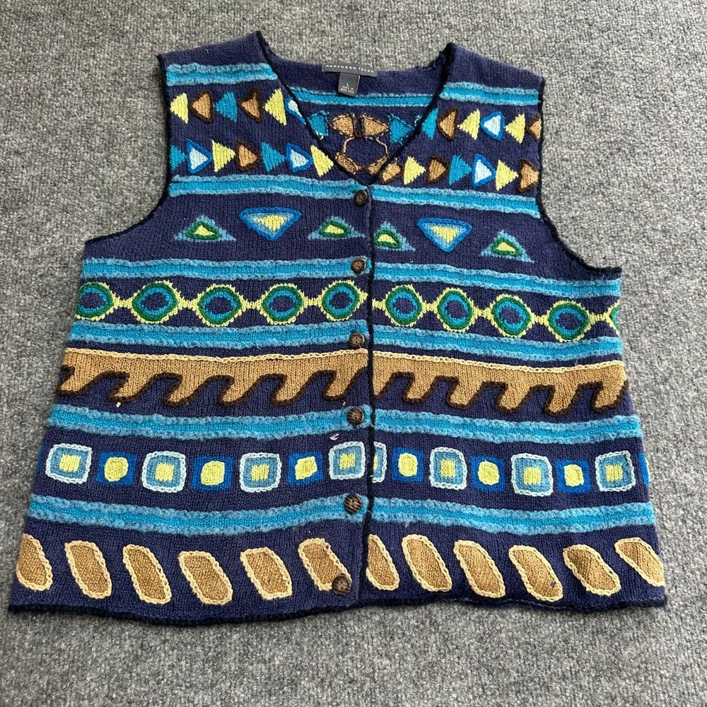 Northern Isles Sweater Vest Womens Size L Blue Wool Blend Geometric Boho Knit